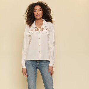 Mystree Linen Blend Cutout Floral Button Front Blouse Cream Boho Western